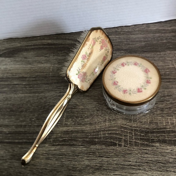 Vtg Gold Brush and Powder Jar Set with Floral Design - Picture 5 of 14